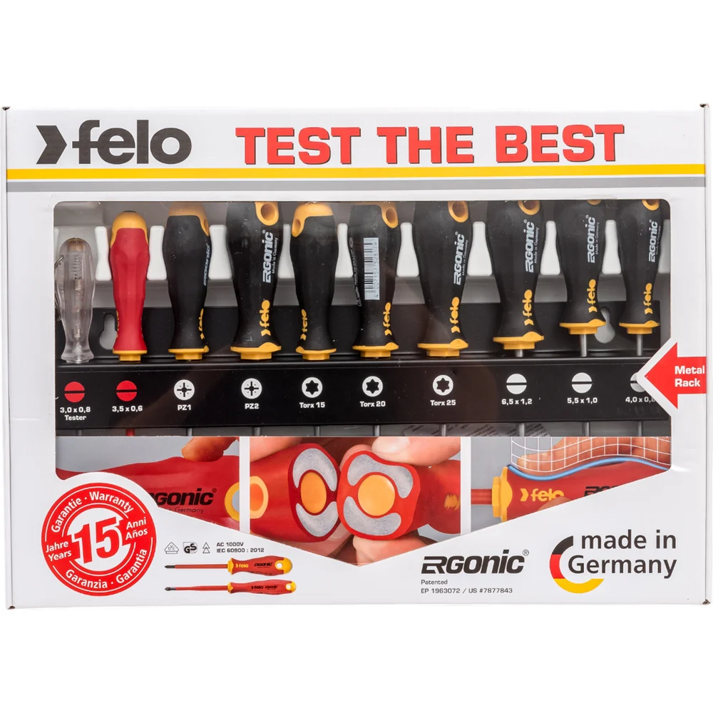 Набор отверток Felo Ergonic SL/PZ/Tx, отвертка VDE и отвертка тестер-сети на стальной стойке, 10 шт 40091043 — детальное фото