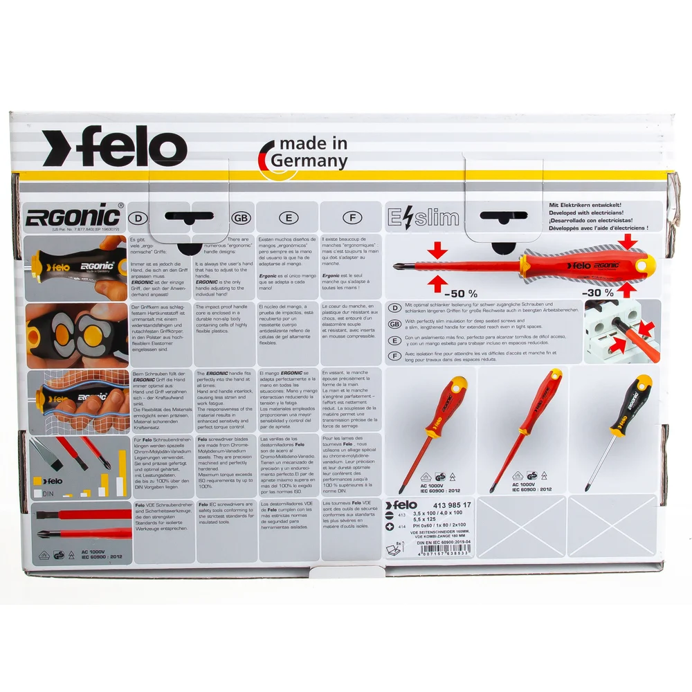 Набор диэлекрических отверток Felo Ergonic с диэлектрическими пасатижами и бокорезами в упаковке, 8 шт 41398517 — детальное фото