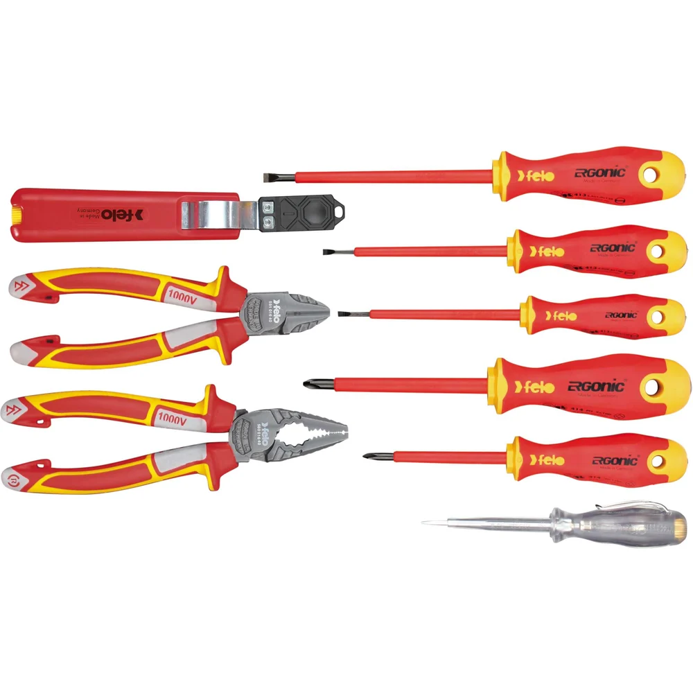 Набор диэлектрических отверток Felo Ergonic с диэлектрическими пасатижами, бокорезами, ножом для снятия изоляции и отверткой тестером сети, 9 шт 41399504 — детальное фото